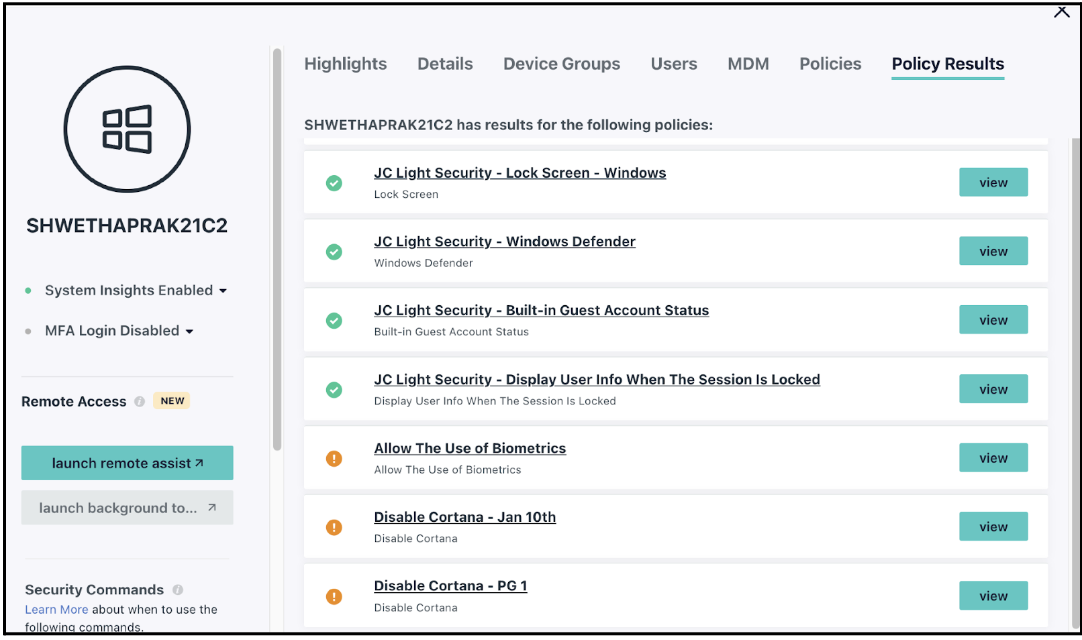 Policy Results tab with indicators